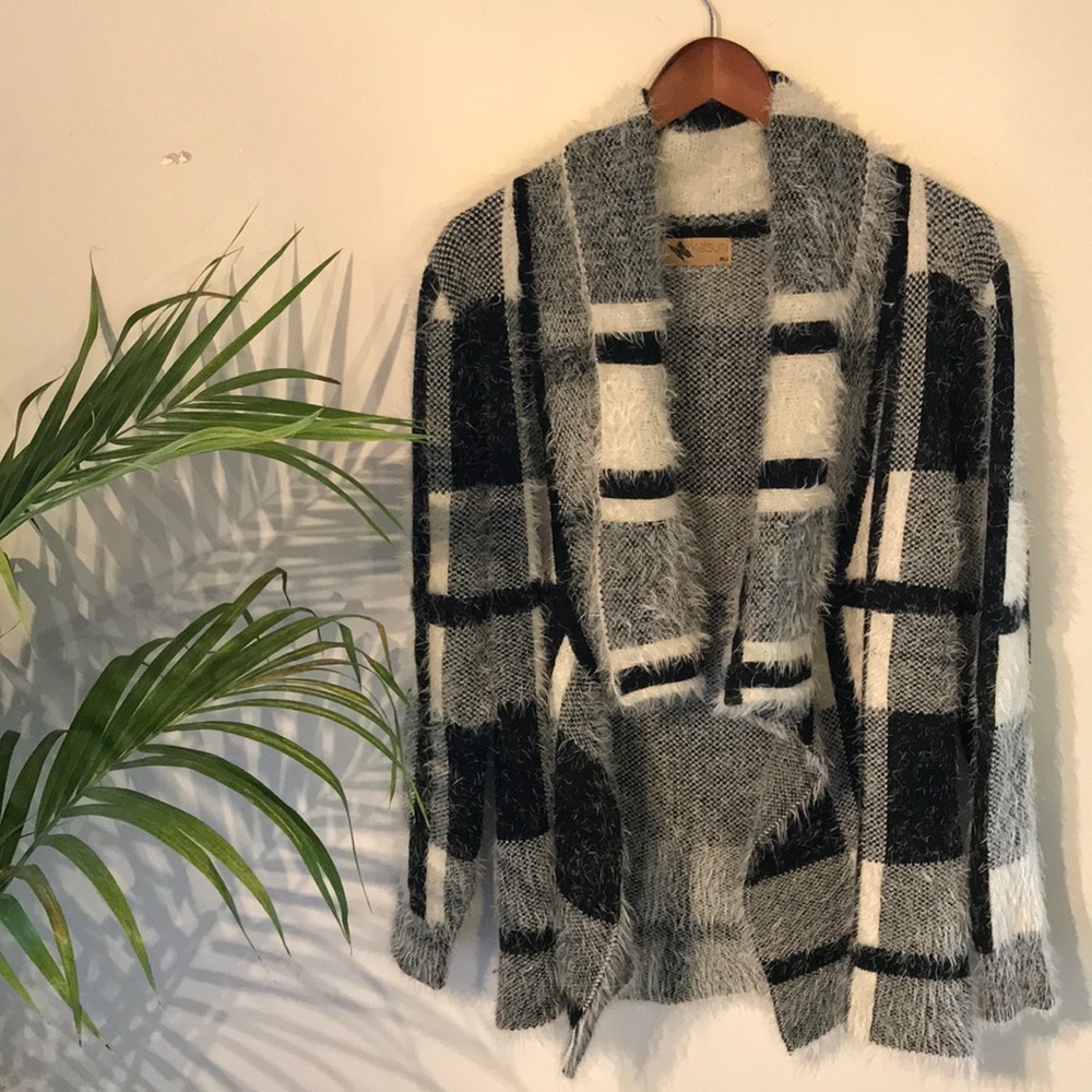 Black and white plaid cardigan sweater